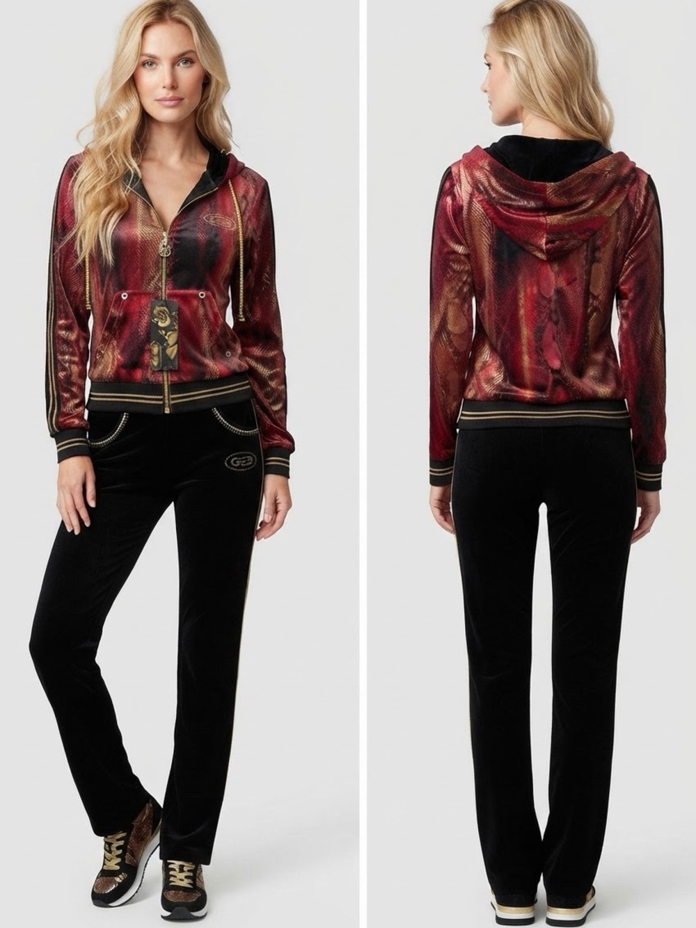 NWT WOMEN VELOUR TRACKSUIT ANIMAL PRINT 2p SET JACKET/BLACK PANTS HOOD LOUGEWEAR